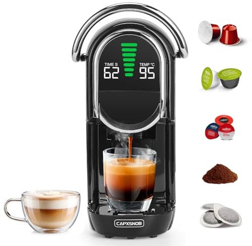 Magician1 Mini 5en1 Cafetera Cápsulas para Nespresso Original, Dolce Gusto, Lavazza A Modo Mio, ESE 44 y Café Molido, 20 Bares, 1450W, Pantalla LED, Máquina de Café Expreso Caliente o Frío
