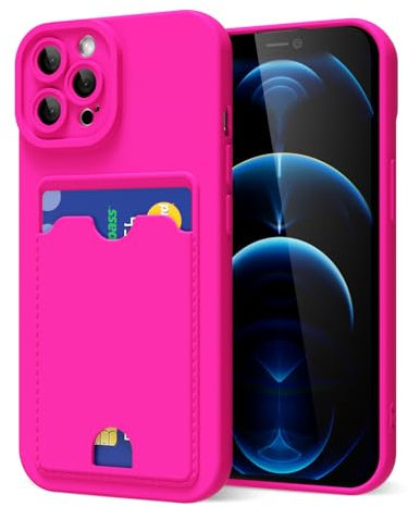 oakxco for iPhone 12 Pro Max Case with Card Holder, Cute Silicone Wallet Phone Case with Credit Card Slot, Soft Rubber Thin Slim Purse for Women Men with Shockproof Camera Cover Protection, Hot Pink