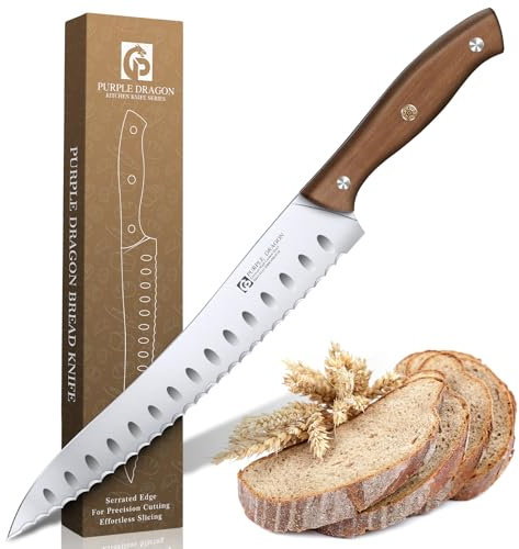 Purple Dragon Brotmesser Wellenschliff mit ergonomischem Holzgriff, Brötchenmesser aus deutschem Hochkarbonstahl, Spitzes Sägemesser für selbstgebackenes Brot, Sauerteig, Kuchen, scharfe Messerklinge