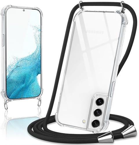 Coiwxmoi Handykette Handyhülle für Samsung Galaxy S22 5G Hülle mit Band 6.1,Transparent Case mit Kette Abnehmbar zum Umhängen Kordel Schutzhülle,Weich Silikon TPU Stoßfest Cover,Schwarz