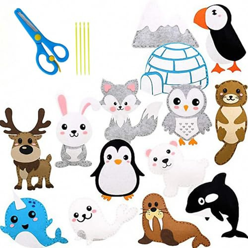 CHSEROK Filz zum Nähen, 14 Stück Filzset für Anfänger, Polartiere Filzstoff zum Basteln, mit Nähzubehör und Bedienungsanleitung, für DIY-Geschenke, Anfänger, Basteln