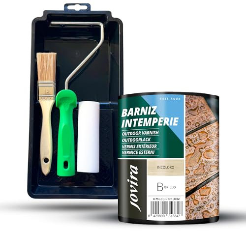 JOVIRA PINTURAS Barniz Intemperie al agua, Brillante y Kit con Minicubeta, Rodillo de Espuma, Varilla y Paletina. (750 Millilitros, Brillante + Kit Barniz)