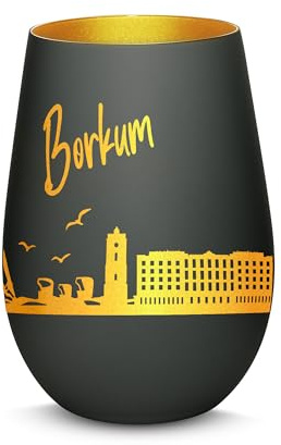 Gravur-Max Windlicht mit 360° Gravur Skyline Borkum Deko Glaslicht als tolles Geschenk mit Einer hochwertigen Lasergravur zu jedem Anlass in der Farbe Schwarz/Gold