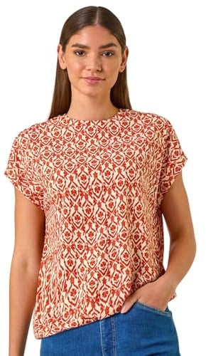 Roman Originals Snake Print Bubble Hem Top for Women UK - Ladies Spring Summer Blouson Round Neckline Comfy Soft Evening Vacation Work Party Night Out Everyday - Rust - Size 18