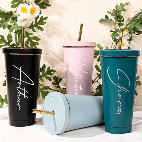 Keruidian Personalised Tumbler with Straw and lid, Metal Cup with Straw, Insulated Tumbler with, Filler for her (Customized Name)