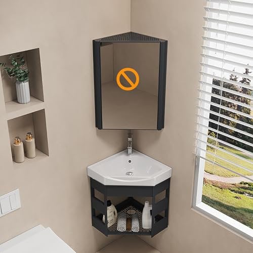 Pounjsd Mueble de baño esquinero, Lavabo esquinero 38x38 cm con Armario, Lavabo de Esquina económico para Caravana, Lavabo pequeño suspendido USA como Fregadero de Cocina, Ahorra Espacio, Negro