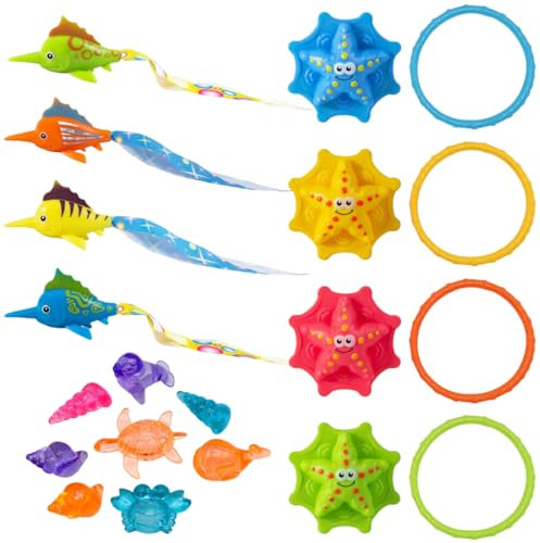 OHREN Juguetes de Buceo para Niños, Set de 20 Piezas con Anillos, Toypedo Banditen, Bastones de Buceo, Algas y Piedras Preciosas, para Entrenamiento, Submarinos, Juegos Piscina y Playa, Fiesta