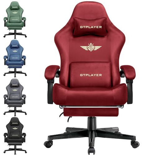 LUCKRACER Gaming Chair for Adults, Fabric Ergonomic Computer Chair with Footrest, Headrest and Lumbar Support, Pocket Spring Cushion, High Back Adjustable PC Home Office Desk Chairs,Red