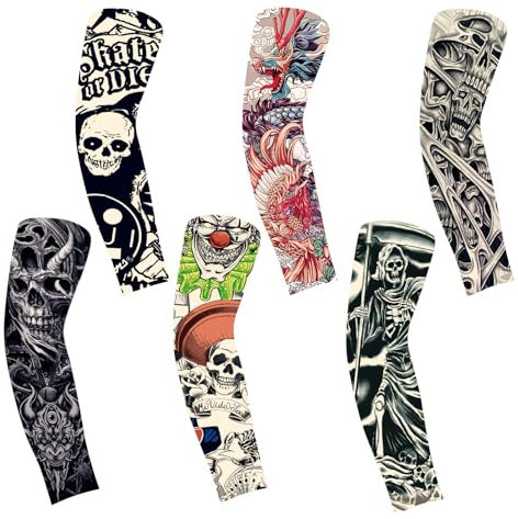 ZWWOGE 6 Pièces Manchons de Tatouage,Tatouage Temporaire Manchettes de Bras Faux pour Hommes Femmes,Tatouages temporaires Manches pour Fête,Halloween,Carnaval.