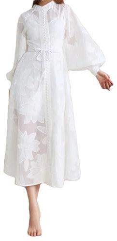 Vogrtcc Women’S French Short Sleeve See-Through Knee-Length Dress with Embroidery Loose Fit Casual Dresses White