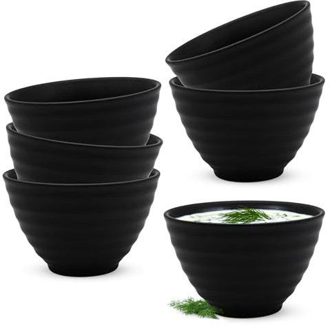 Spetebo Keramik Dipschalen schwarz matt geriffelt rund 11 x 7 cm - 6er Set - Dessertschälchen aus Feinkeramik mit Relief - Servierschale Dessert Snack Saucen Dip Schale klassisch widerverwendbar
