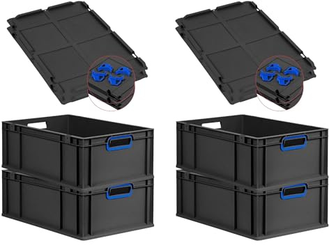 PROREGAL SuperSparSet 4x Eurobox NextGen Color mit Auflagedeckel & Schiebeschnappverschlüsse, HxBxT 22x40x60cm, 44L, Schwarz, Griffe blau offen,Eurobehälter, Transportbox, Transportbehälter