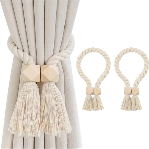 Magnetic Curtain TieBacks,2 Pcs Modern Simple Style Tie Backs for Curtains Boho Braided Rope Holdbacks Curtain Drape Tie Drapery Holdbacks for Thin & Thick Home & Office Window Draperies (Beige)