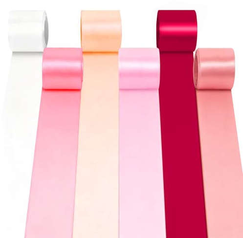 6 Rollen Satinband, 50mm Breit Geschenkband, 10m Seidensatin Girlande(Rosa) | Verpacken Geschenken Große Seidenbänder, Breit Stoffbänder, Schleifenband Drahtkante für DIY Dekoration