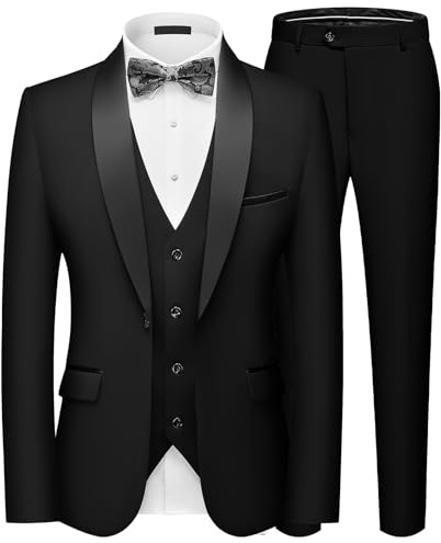Autsel Mens Suits 3 Piece Slim Fit Tuxedo Shawl Lapel Jacket Black M