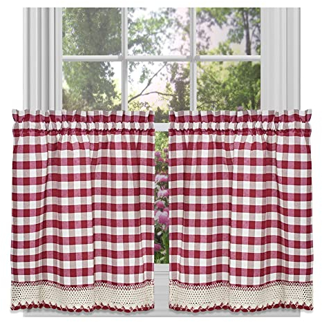 Achim Home Decor Fenstervorhang-Set, kariert, 147 cm Breite, 91 cm Länge, Burgunderrot und elfenbeinfarben, lichtfilterende Vorhänge für Küche, Schlafzimmer, Wohnzimmer und Esszimmer