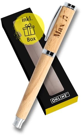 Personalisierter Füller ONLINE Nature Style Beechwood mit Gravur in Geschenkbox, echtes Holz I kompatibel mit Standard-Patronen, Schreibfarbe blau I viele Schriften und Symbole I persönliches Geschenk