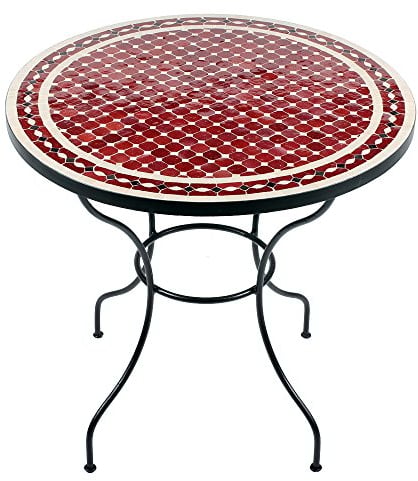 albena Marokko Galerie Renak Marokkanischer Mosaiktisch 80cm Rund (Renak:Rot/Natur/Schwarz) Terrassentisch, Gartentisch, Mediterraner Fliesentisch, Beistelltisch, Balkontisch, Bistrotisch,Kaffeetisch