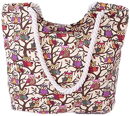 Sport Tent Große Strandtasche Eule-Muster Badetasche Mit Reißverschluss Und Seil Henkel Canvas Beachbag Einkaufstasche Für Strand,Urlaub, Freizeit,Schultag Beige 1