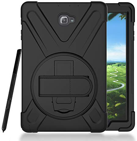Gerutek Funda Antichoque para Samsung Galaxy Tab A 10.1 2016 (SM-P580/P585) con S Pen Case, Carcasa Rugosa con Soporte Rotación, Correa de mano/hombro, Funda Antichoque para Samsung Tab A 10.1, Negro