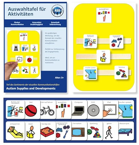 Aktivitäten Auswahltafel Autismus, Nonverbale Kommunikation (Deutsch) | 16 Bildkarten, visuelles ADHS-Hilfsmittel, Kinder, Schule/Kita/Alltag, Therapie-Material, PECS-kompatibel, Boardmaker PCS