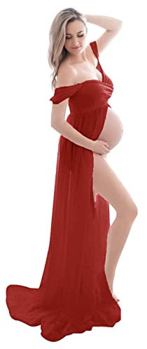 FEOYA-Femmes Enceintes Maxi Traîne Longue Robe Photographie Robe de Maternite Hors Epaule pour Seance Photo Sexy Photoshoot Accessoires Fendu Devant Elegant en Mousseline de Soie,M,Rouge