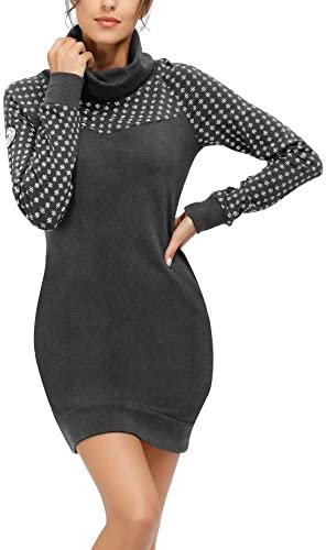 TrendiMax Damen Sweatshirt Langarm Hoodie Kleid Pulloverkleid Rollkragen Sweatkleid Kapuzenpulli Lange Tops, Dunkelgrau, S