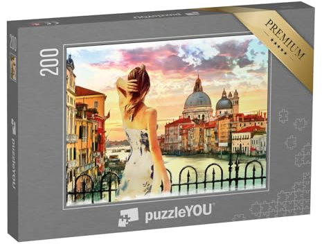 puzzleYOU: Puzzle 200 Teile „Illustration: Eine Frau träumt am Canal Grande in Venedig“ – aus der Puzzle-Kollektion Gemälde