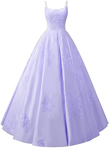 TSxuelian Vestido de quinceañera de encaje con correa de espagueti para mujer, vestido de fiesta largo de satén, Lila, 52