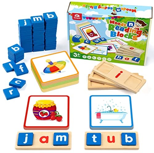 Coogam Wooden Short Vowel Reading Letters Sorting Spelling Games, Sight Words Flashcards Alphabet Puzzle Educational Toy Gift for Kids 3 4 5 Years Old