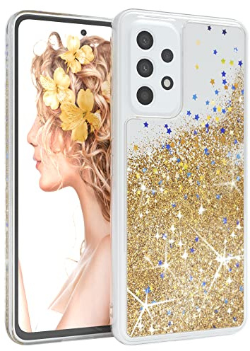 EAZY CASE Hülle kompatibel mit Samsung Galaxy A53 (5G) Schutzhülle mit Flüssig-Glitzer, Handyhülle, Schutzhülle, Back Cover mit Glitter Flüssigkeit, TPU/Silikon, Transparent/Durchsichtig, Gold