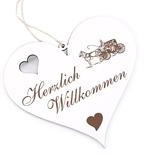 Herzlich Willkommen Schild - Kutsche - Deko Herz Holz Willkommensschild Türschild Dekoschild Türdeko