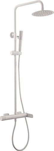 Mice - Barra de ducha - Conjunto Columna de ducha monomando con rociador redondo y con teleducha, flexo y alcachofa Color Cromo Blanco Mate - BDR031/BL