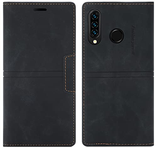 OKZone Kompatibel mit Huawei P30 Lite Hülle, Handyhülle Wallet PU Leder Kartenfach Magnet Klappbar Schutzhülle Huawei P30 Lite Handy Hüllen Flip Handytasche Case Cover Stoßfest Klapphülle (Schwarz)