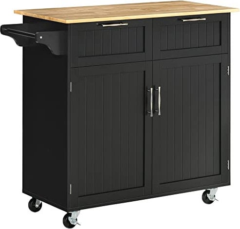 HOMCOM Isola Cucina con Piano di Lavoro in Legno di Caucciù, Carrello Cucina con Ruote, 2 Cassetti, Armadietto, Ripiani Regolabili e Porta Asciughini, in Legno MDF, 104x46x91cm, Nero