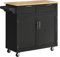 HOMCOM Isola Cucina con Piano di Lavoro in Legno di Caucciù, Carrello Cucina con Ruote, 2 Cassetti, Armadietto, Ripiani Regolabili e Porta Asciughini, in Legno MDF, 104x46x91cm, Nero