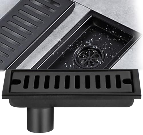Siphon de Sol Rectangulaire, Siphon de Sol en Acier Inoxydable Noir 20x10cm Siphon de Sol Douche avec Double Filtre pour Toilette Salle de Bain Drainage Cuisine Balcon