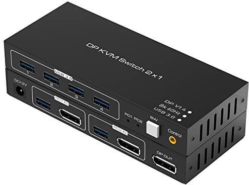 Tendak 2x1 DisplayPort KVM Switch DP 1.4 USB 3.0 2 Port PC Computer KVM Schalter Tastatur Maus Umschalter Box mit USB 3.0 HUB Unterstützung 8K@60Hz 3D HDCP 2.2, 2 PC Share Maus, Tastatur und Monitor