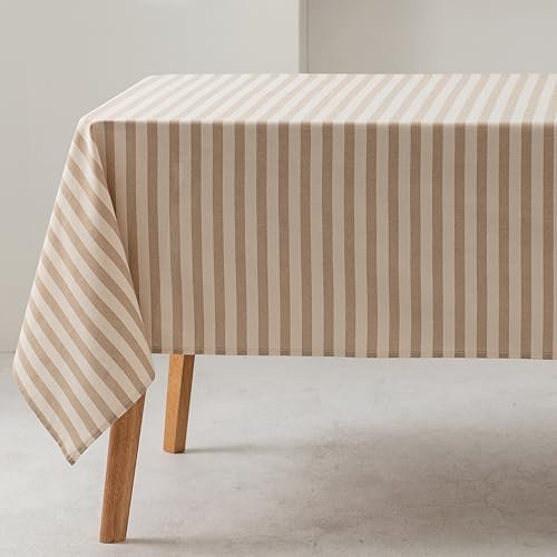 GAMUSI Tischdecke, rechteckig, gestreift, Beige, wasserdicht, Stoff, 100 % Baumwolle, waschbar, Innen- und Außenbereich, 140 x 300 cm