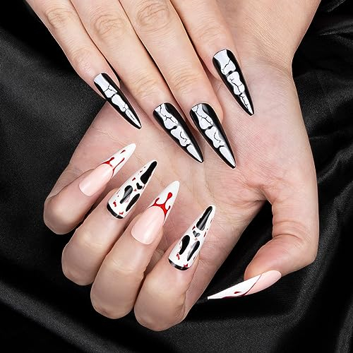 Kiiwah 48 Stück Halloween Künstliche Nägel zum Aufkleben, Schädel und Gespenster Full Cover Nagelspitzen, Lange Falsche Nägel für Frauen Damen für Halloween Party