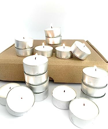 Velas de te blancas, Tealight, Pack de 25 unidades, Duración 4,5 horas, Velas decorativas sin perfume, Velas de te calientaplatos, Velas para cena romántica