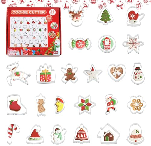 ACTOYS Formine per Biscotti di Natale, 24 Pezzi Stampi per Biscotti Natale in Acciaio Inox, Albero di Natale, Pupazzo di Neve, Omino di Pan di Zenzero, Fiocco di Neve, Renna, Stampini Biscotti