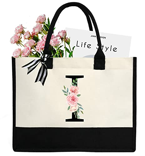 sundee Personalisierte Strandtasche aus Segeltuch mit Innentasche mit Reißverschluss, monogrammierte Geschenktasche für Hochzeit, Geburtstag, Urlaub, Schwarzer Buchstabe I, One Size