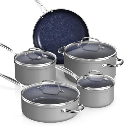 Nuwave Healthy Duralon Kochgeschirr-Set, Keramik, antihaftbeschichtet, 9-teilig, kratzfest, diamantiniert, PFAS-frei, induktionsbereit und gleichmäßig erhitzt, ofenfest, Deckel aus gehärtetem Glas