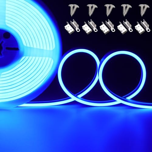 JOYLIT 24V Neon LED Strip 5M Blau IP67 Wasserdicht, 4 x 10MM Schlank Seitenansicht Licht Band 840LEDs 12W/M, Dimmbar Lichtband für Schlafzimmer, Wanddekoration (Nur LED Streifen)
