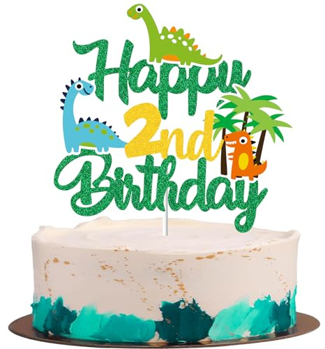 Gidobo 2nd Birthday Cake Toppers, Dinosaur Cake Decorations with Plam, Jungle Animal Themed Cake Pick for Kids Boys Girls Birthday Party Supplies