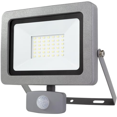 REV Außenleuchte FLARE - Wandleuchte mit Bewegungsmelder IP44, Wandbeleuchtung 30W, 2550 Lumen, 6500K, Erfassungswinkel 120° auf 9m, silber