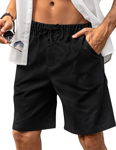 HMIYA Kurze Hosen Herren Leinen Shorts Leichte Bermuda Sommershorts Atmungsaktiv Leinenhose Kurz mit Taschen(Schwarz,EU-XL)