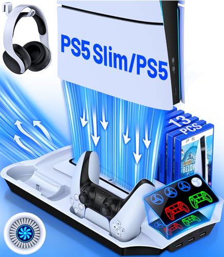 HELLCOOL PS5 Slim Stand with Turbo PS5 Cooling Fan for PS5 PRO/PS5 Slim Disc & Digital Edition/PS 5 Console, PS5 Controller Charger/13 Games Card Case/Headset Holder/Remote Slot/3 USB Hubs