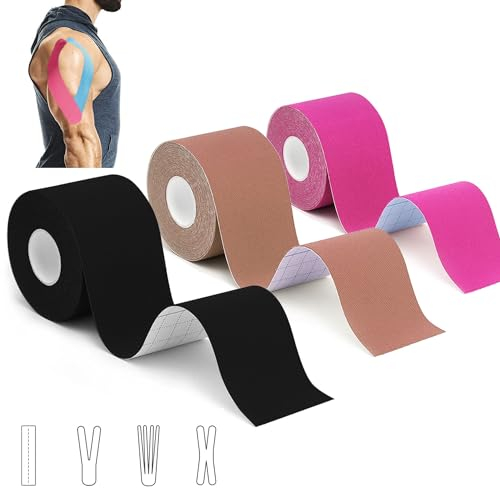 3 Rollen Kinesiologie Tape (5m x 5cm), Profi Kinesiotapes Physio Tape Sport Tape Set, Wasserfeste & Hautfreundliche Kinesiotape, für Muskelunterstützung, Knieschmerzen, Ellenbogen und Schulter